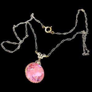 SOLD Vintage Art Deco Faceted Pink Glass Pendant Necklace